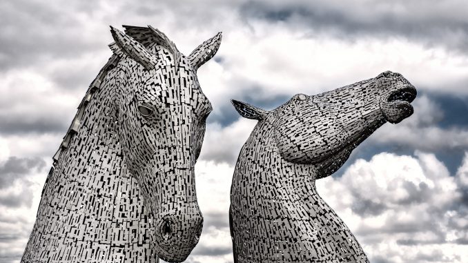 View of The Kelpies in the sky